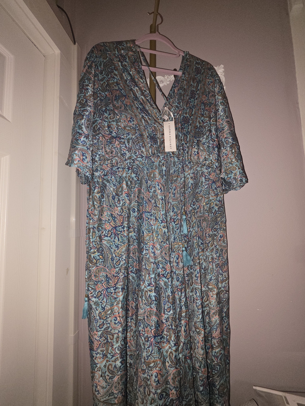 Karma Highway NEW Boho Paisley V-Neck Maxi Dress in Teal and Blue